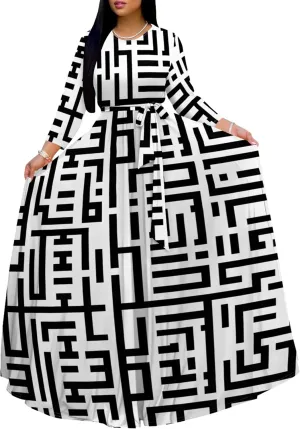 Plus Size Maxi Dresses for Curvy Women Casual Long Sleeve Crewneck Wrap Floor Length Dress with Belt