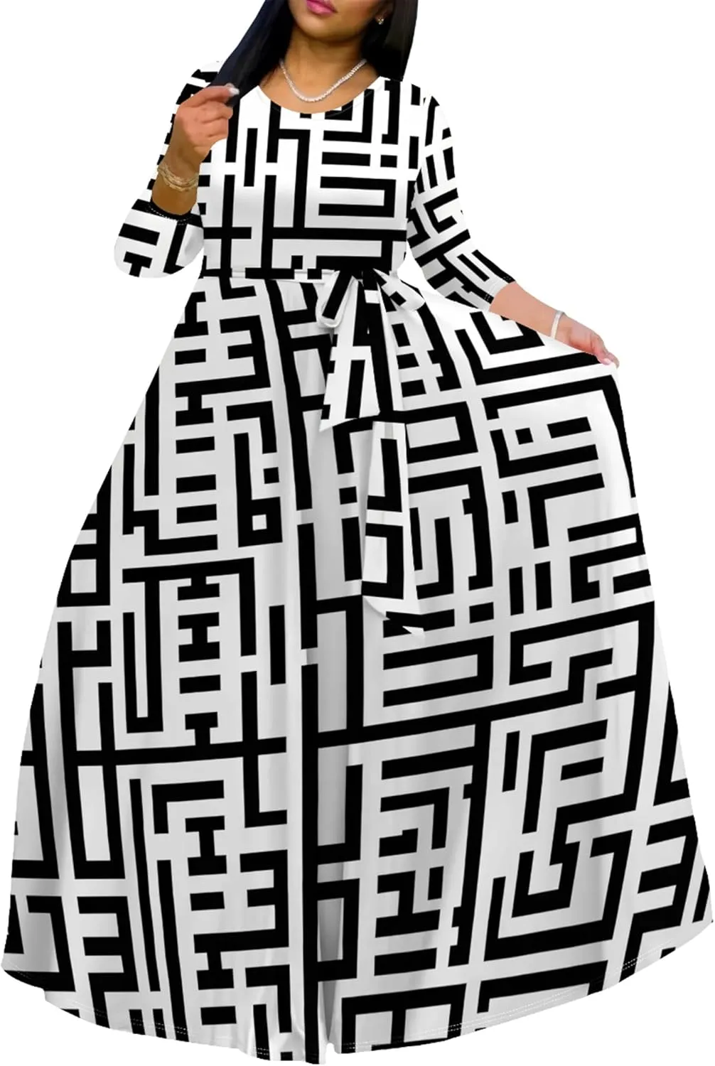 Plus Size Maxi Dresses for Curvy Women Casual Long Sleeve Crewneck Wrap Floor Length Dress with Belt