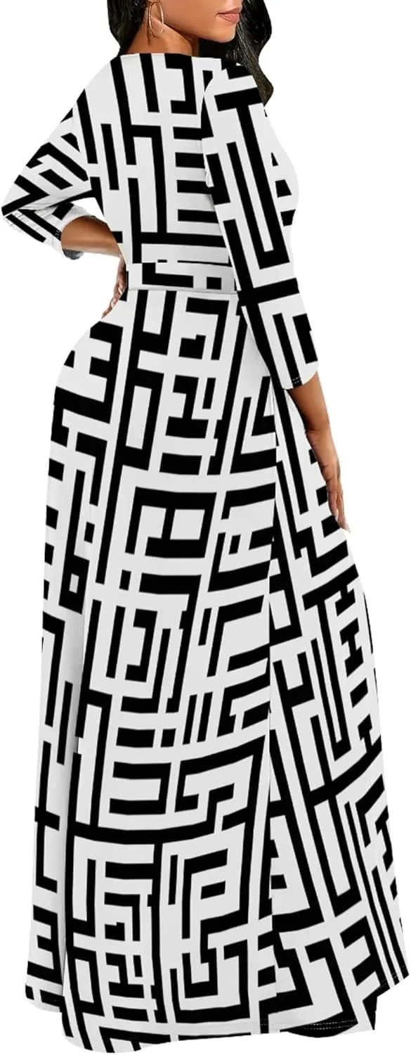 Plus Size Maxi Dresses for Curvy Women Casual Long Sleeve Crewneck Wrap Floor Length Dress with Belt