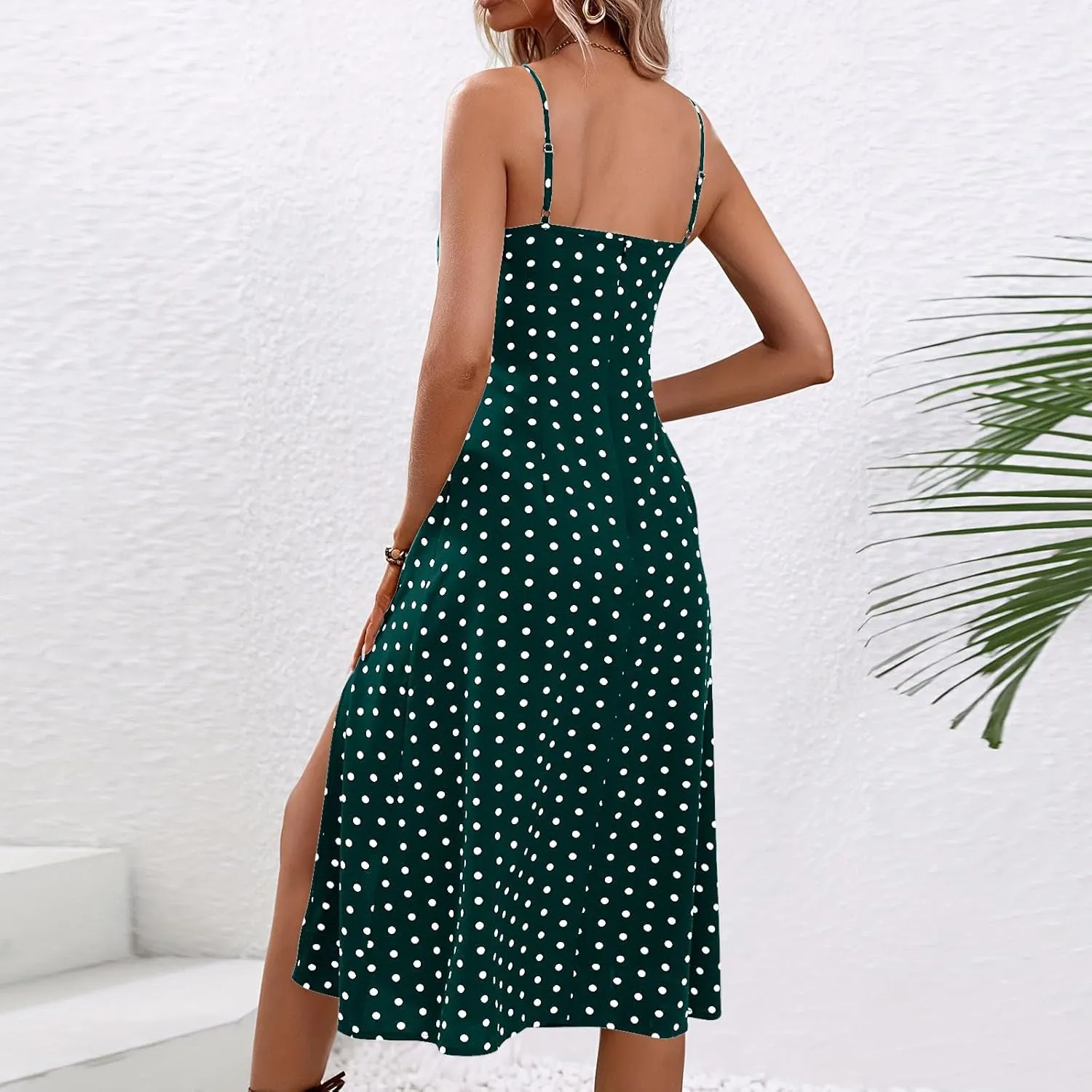 Polka Dot Dress for Women 2025 Summer Spaghetti Straps Split Dresses Sexy High Waist A Line Beach Midi Sundresses