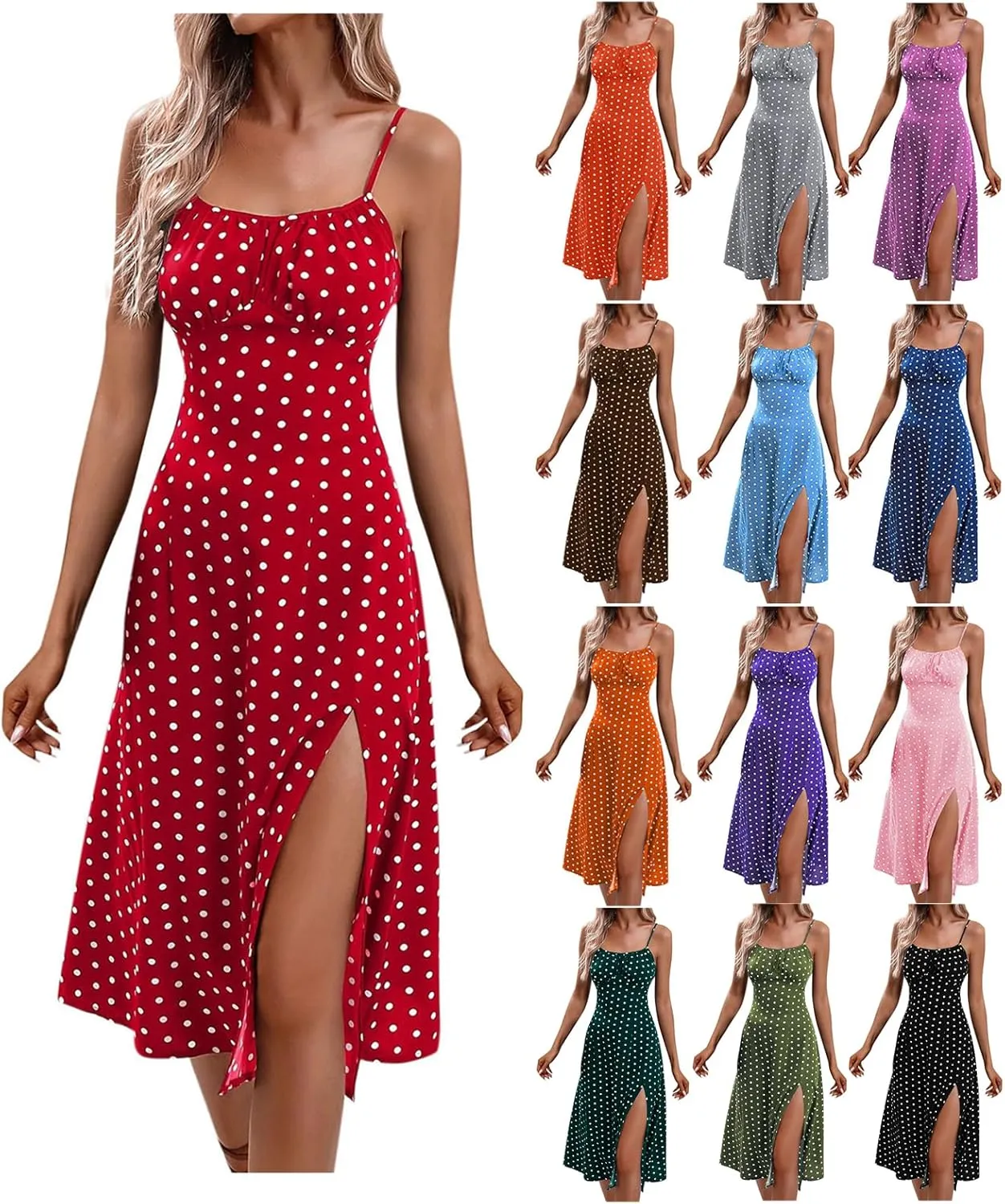 Polka Dot Dress for Women 2025 Summer Spaghetti Straps Split Dresses Sexy High Waist A Line Beach Midi Sundresses