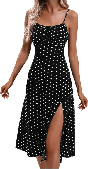 Polka Dot Dress for Women 2025 Summer Spaghetti Straps Split Dresses Sexy High Waist A Line Beach Midi Sundresses