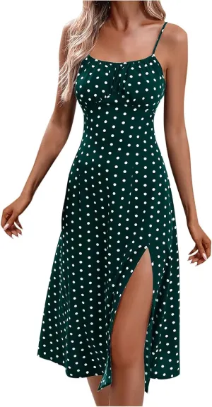 Polka Dot Dress for Women 2025 Summer Spaghetti Straps Split Dresses Sexy High Waist A Line Beach Midi Sundresses
