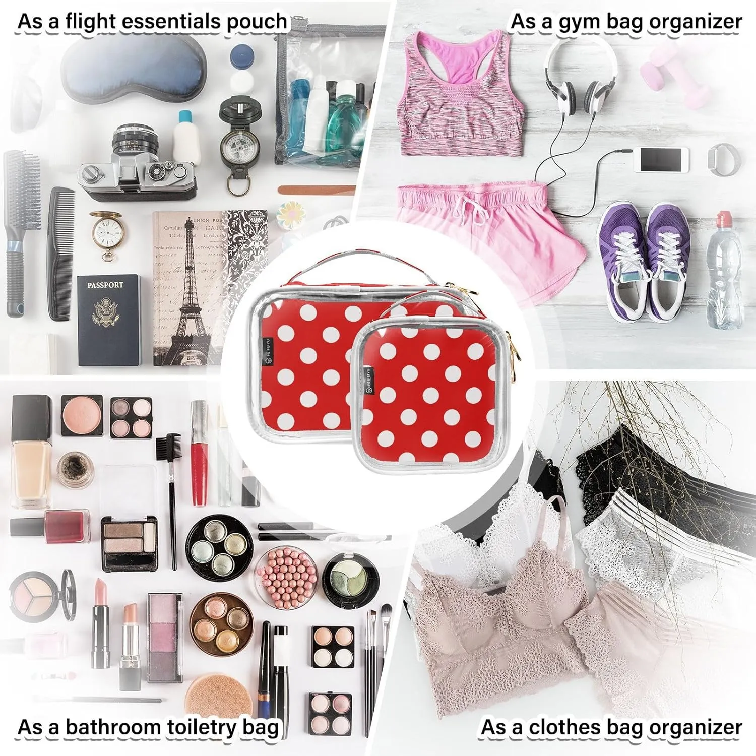 Polka Dot Red Clear Makeup Bags TSA Approved Toiletry Bag for Women Men Cosmetic Bags with Handle Carry On Airport Airline Compliant Bag Quart Size PVC Travel Bags for Toiletries Bathroom, 2 Pack