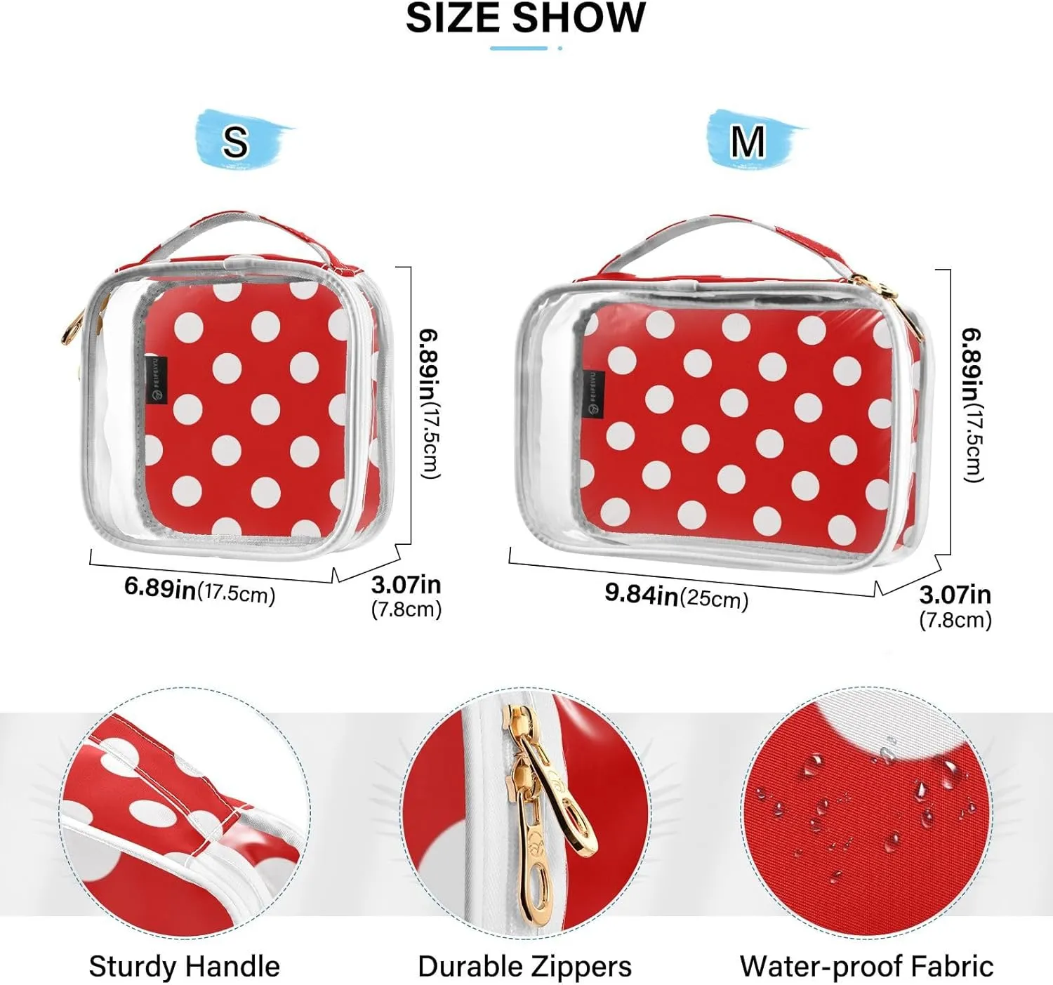 Polka Dot Red Clear Makeup Bags TSA Approved Toiletry Bag for Women Men Cosmetic Bags with Handle Carry On Airport Airline Compliant Bag Quart Size PVC Travel Bags for Toiletries Bathroom, 2 Pack