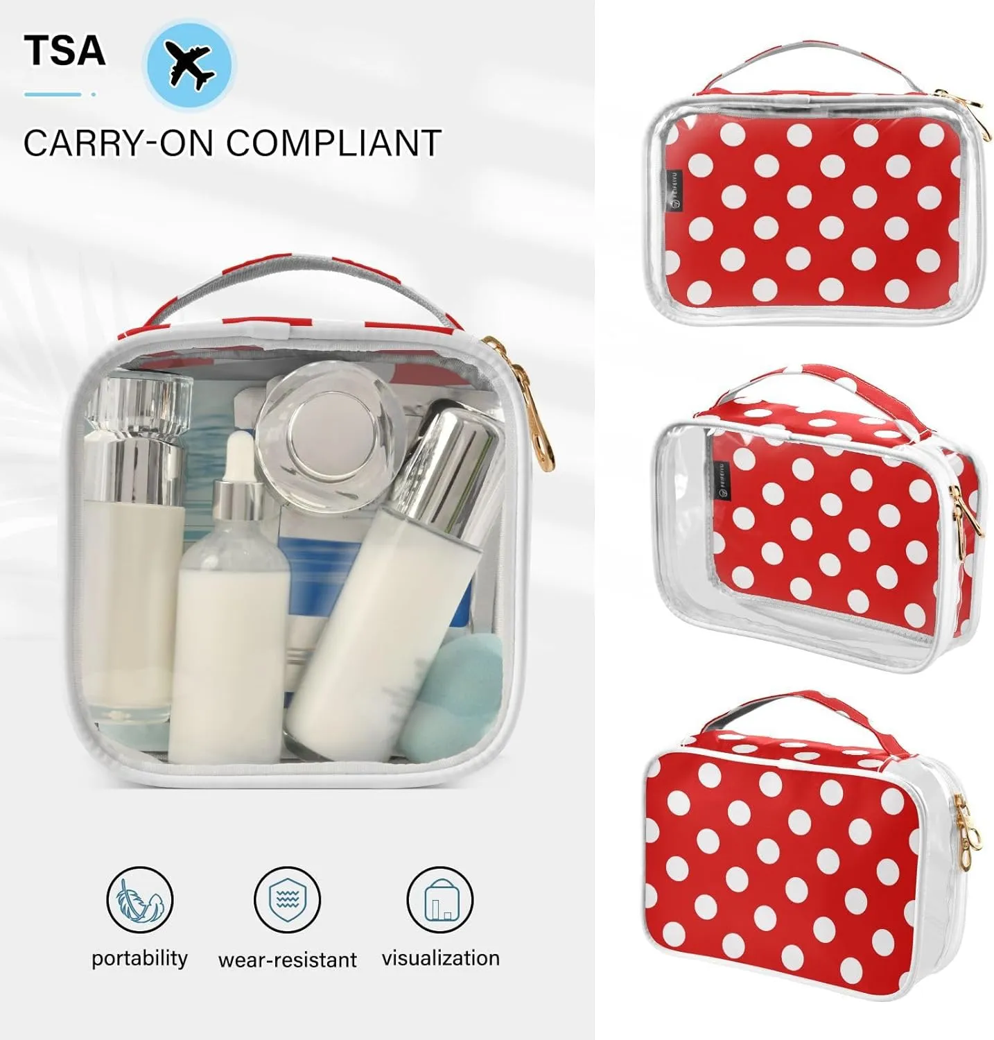 Polka Dot Red Clear Makeup Bags TSA Approved Toiletry Bag for Women Men Cosmetic Bags with Handle Carry On Airport Airline Compliant Bag Quart Size PVC Travel Bags for Toiletries Bathroom, 2 Pack