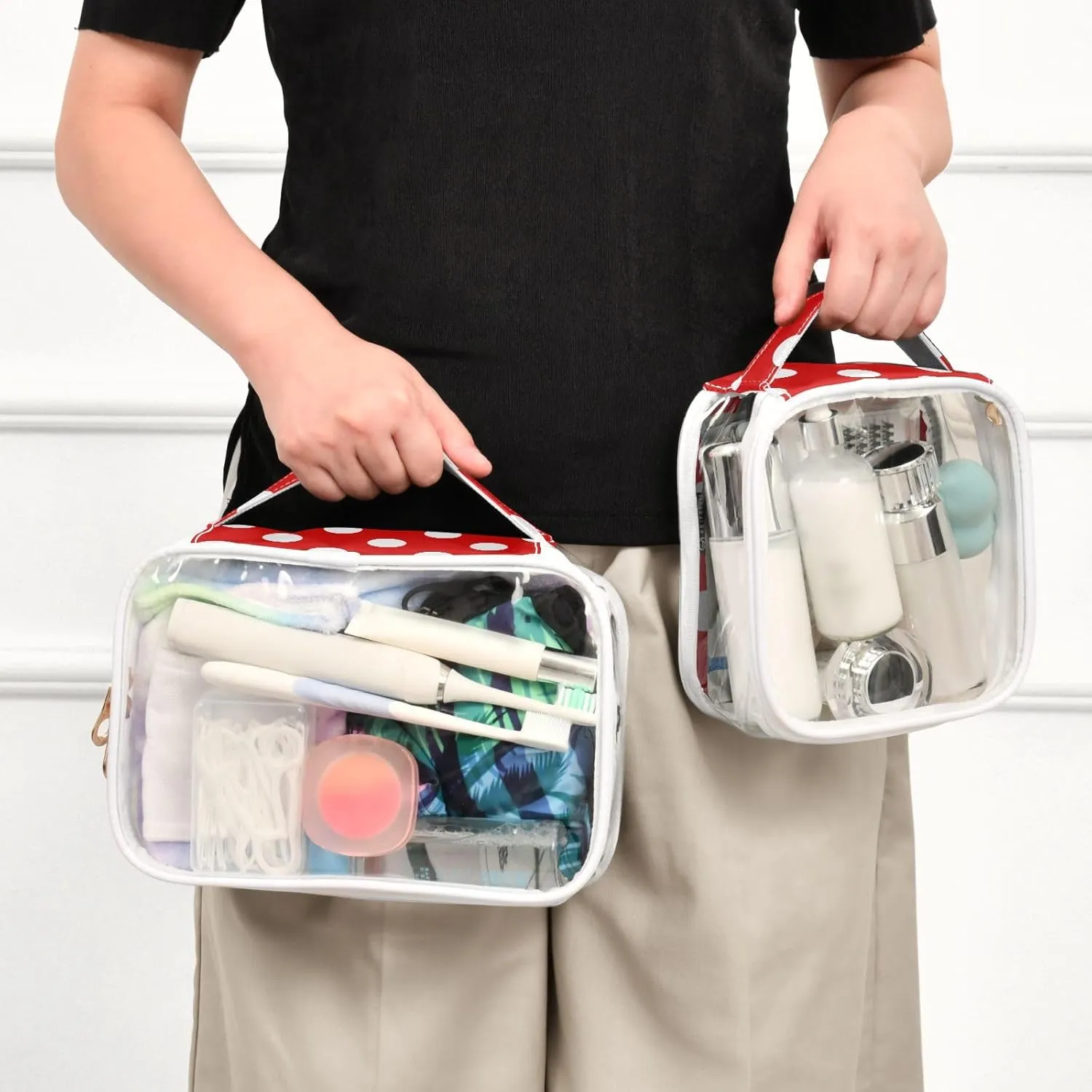 Polka Dot Red Clear Makeup Bags TSA Approved Toiletry Bag for Women Men Cosmetic Bags with Handle Carry On Airport Airline Compliant Bag Quart Size PVC Travel Bags for Toiletries Bathroom, 2 Pack