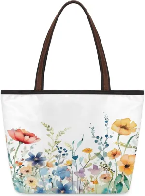 Poppy Flowers Tote Bag with Zipper 15 Inch Canvas Tote Bag for Women Shoulder Handbag
