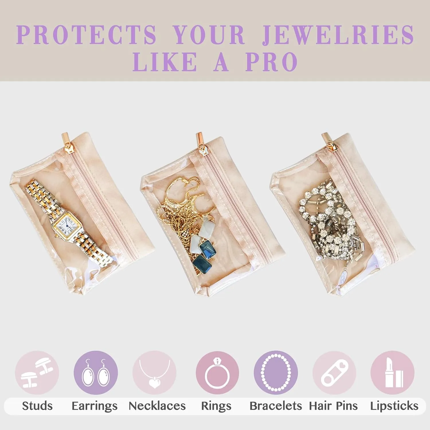 Portable Jewelry Organizers Tray, Travel Jewelry Case Box with [3 Premium Jewelry Zipper Pockets], Birthday Gifts for Women Girls Teen, Bridesmaid Gifts Travel Essentials Accessories(Lavender)