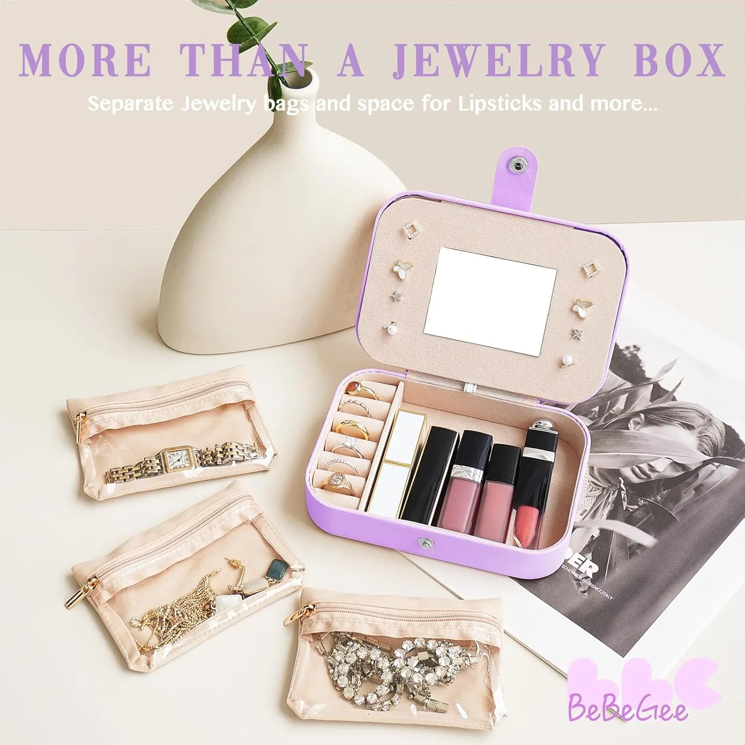 Portable Jewelry Organizers Tray, Travel Jewelry Case Box with [3 Premium Jewelry Zipper Pockets], Birthday Gifts for Women Girls Teen, Bridesmaid Gifts Travel Essentials Accessories(Lavender)