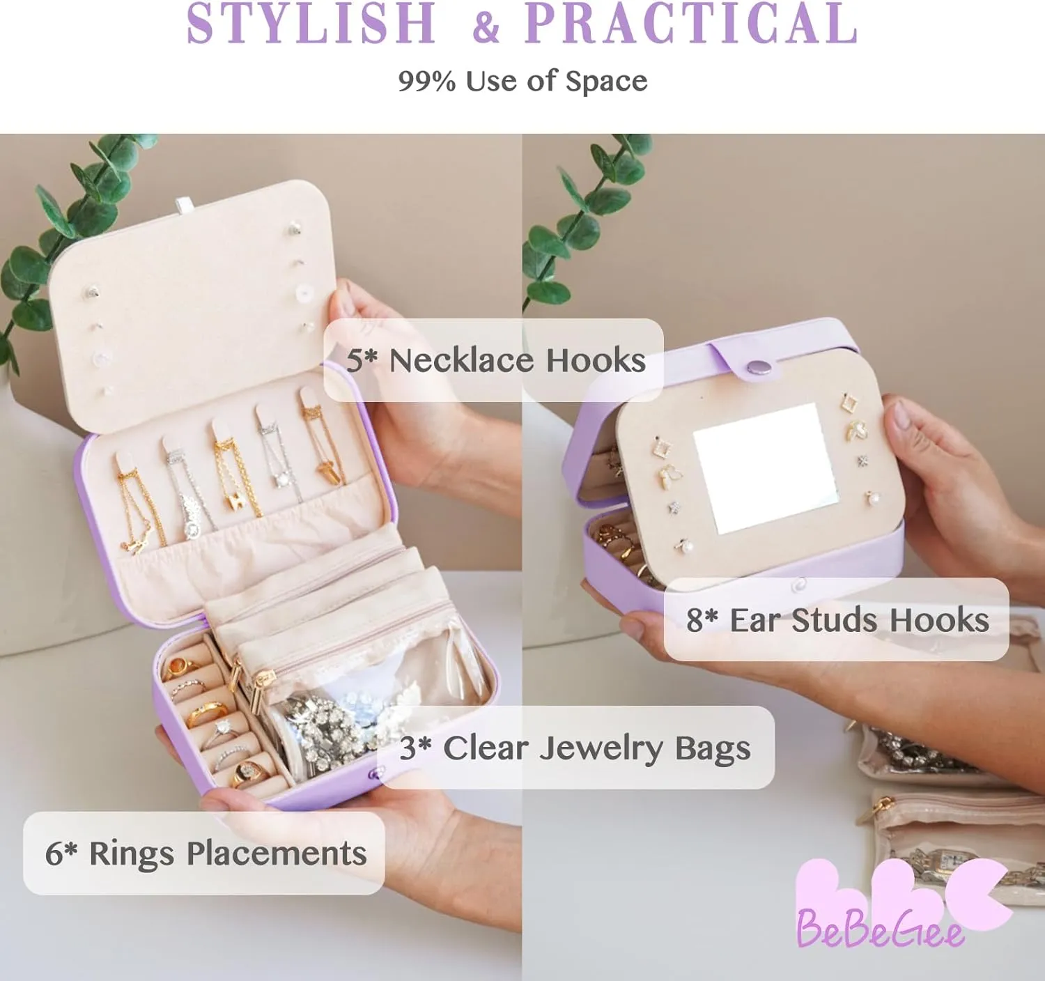 Portable Jewelry Organizers Tray, Travel Jewelry Case Box with [3 Premium Jewelry Zipper Pockets], Birthday Gifts for Women Girls Teen, Bridesmaid Gifts Travel Essentials Accessories(Lavender)