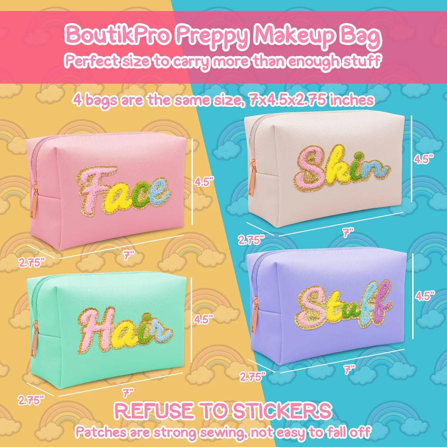 Premium Preppy Makeup Bag Set w Zipper, Handwritting Waterproof Cosmetic Bag for Women, Cute Preppy Patch Toiletry Bag for Traveling Outdoors, Gift Ideal for Mom Sister Daughter (Pink Face)