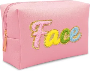 Premium Preppy Makeup Bag Set w Zipper, Handwritting Waterproof Cosmetic Bag for Women, Cute Preppy Patch Toiletry Bag for Traveling Outdoors, Gift Ideal for Mom Sister Daughter (Pink Face)