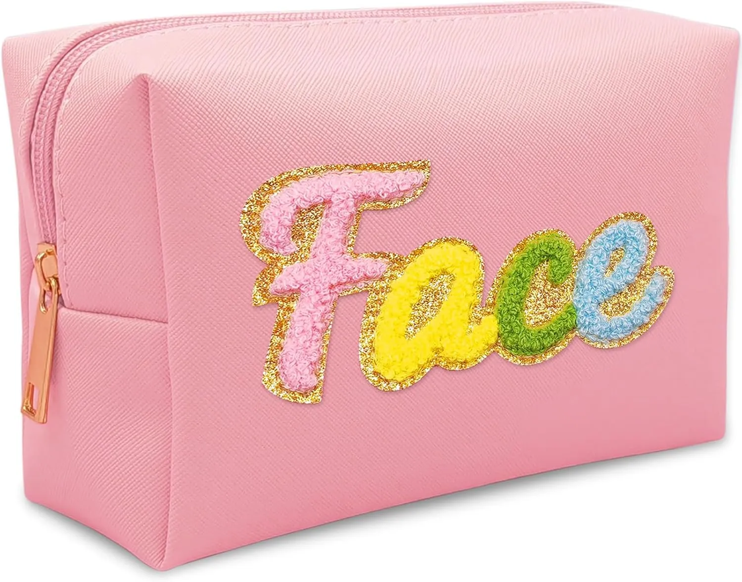 Premium Preppy Makeup Bag Set w Zipper, Handwritting Waterproof Cosmetic Bag for Women, Cute Preppy Patch Toiletry Bag for Traveling Outdoors, Gift Ideal for Mom Sister Daughter (Pink Face)