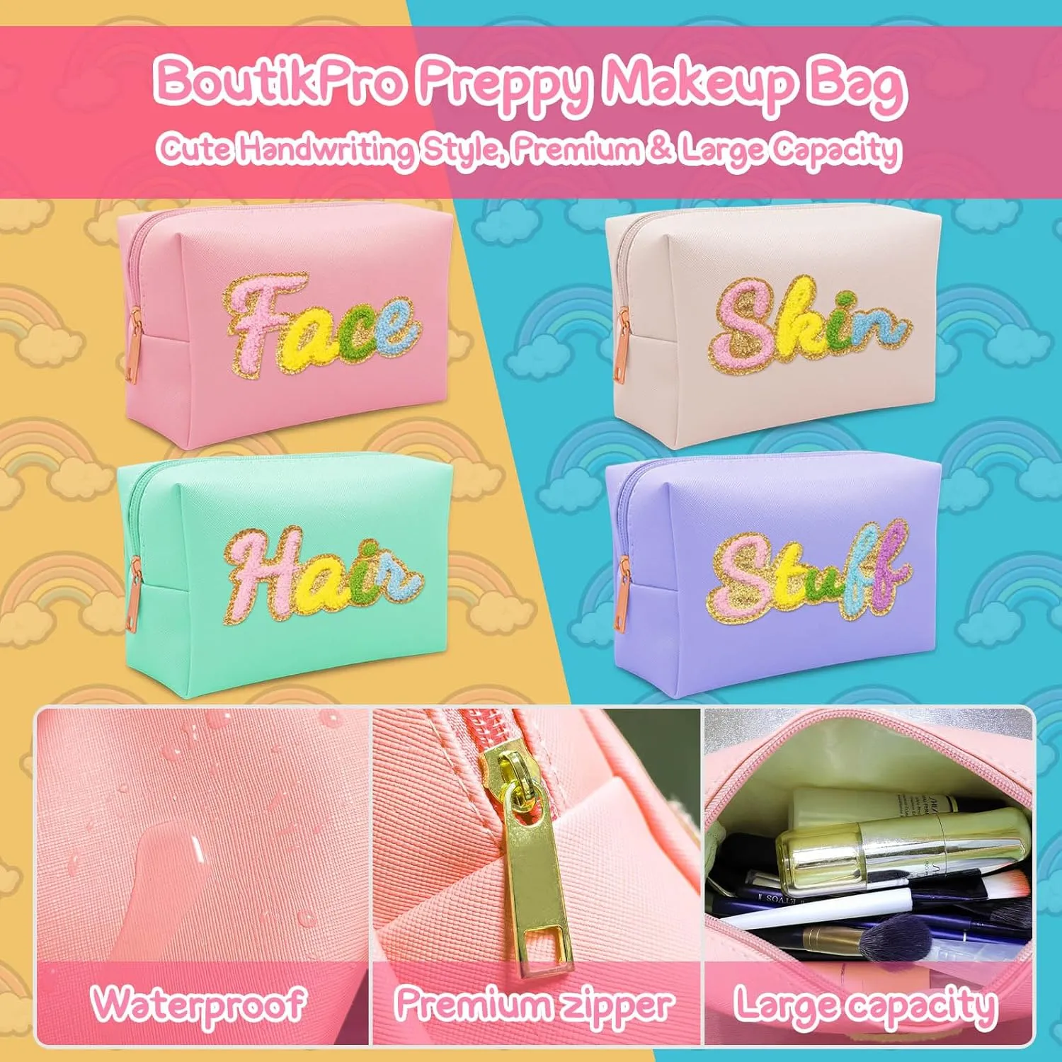 Premium Preppy Makeup Bag Set w Zipper, Handwritting Waterproof Cosmetic Bag for Women, Cute Preppy Patch Toiletry Bag for Traveling Outdoors, Gift Ideal for Mom Sister Daughter (Pink Face)