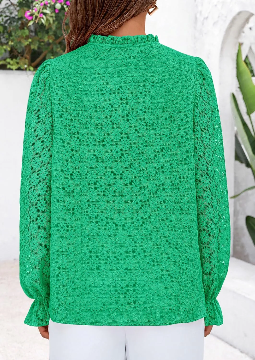 PRETTYGARDEN Lace Long Sleeve Tops for Women Eyelet Blouses Dressy Casual Hollow Out Button Down Shirts Spring Fashion 2025