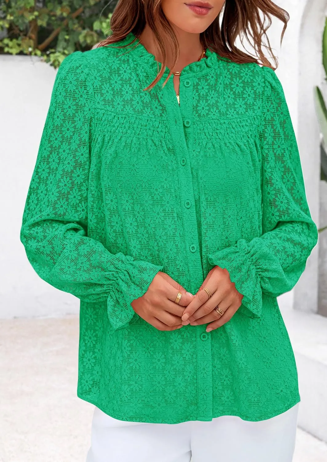 PRETTYGARDEN Lace Long Sleeve Tops for Women Eyelet Blouses Dressy Casual Hollow Out Button Down Shirts Spring Fashion 2025