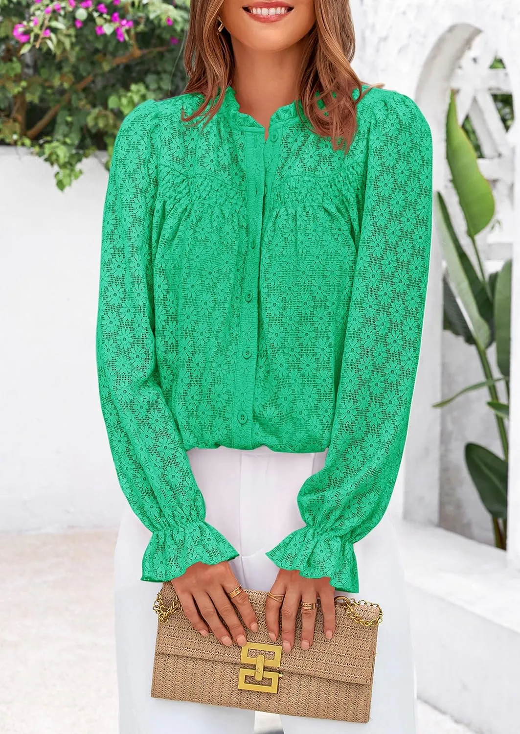PRETTYGARDEN Lace Long Sleeve Tops for Women Eyelet Blouses Dressy Casual Hollow Out Button Down Shirts Spring Fashion 2025