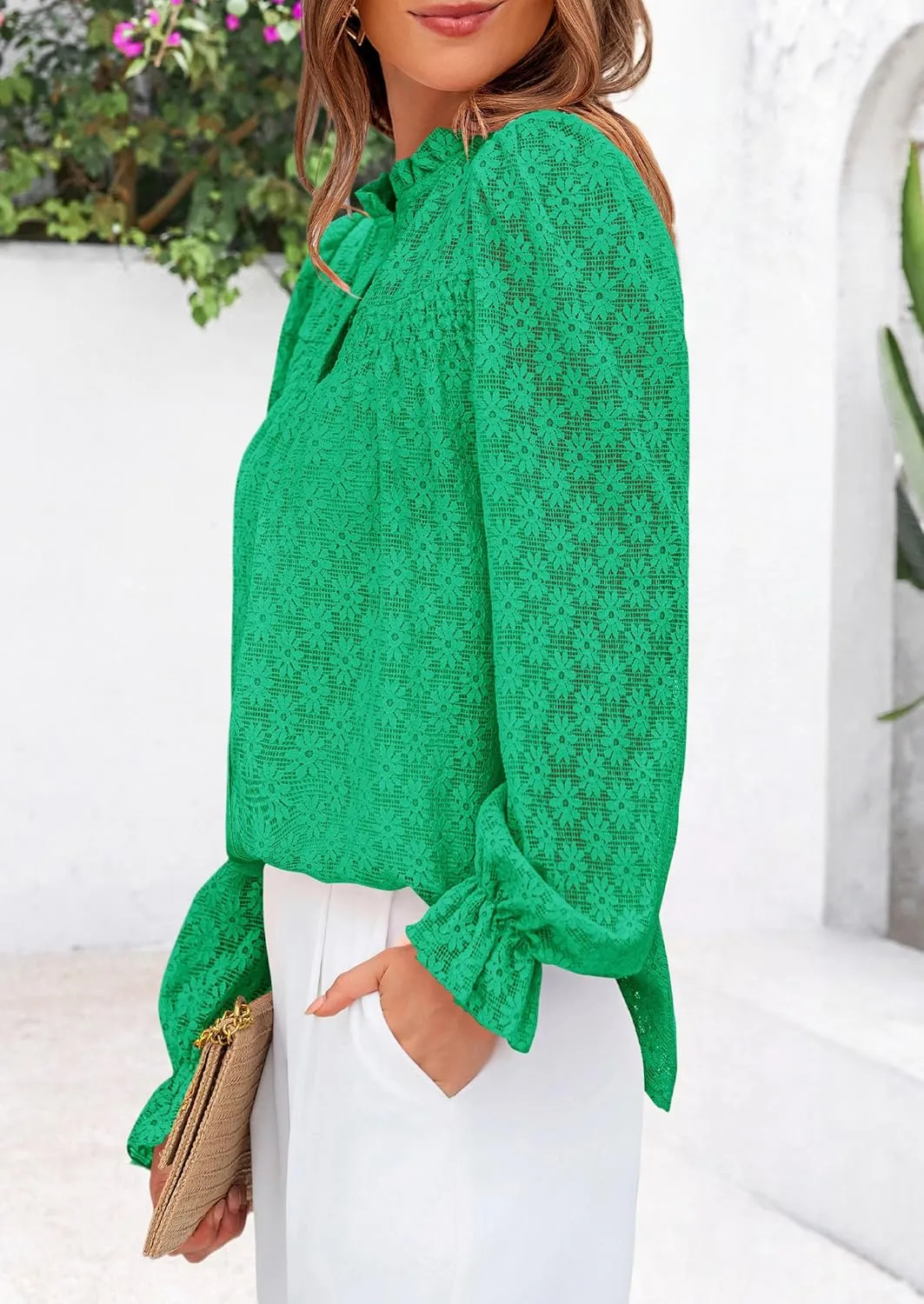 PRETTYGARDEN Lace Long Sleeve Tops for Women Eyelet Blouses Dressy Casual Hollow Out Button Down Shirts Spring Fashion 2025