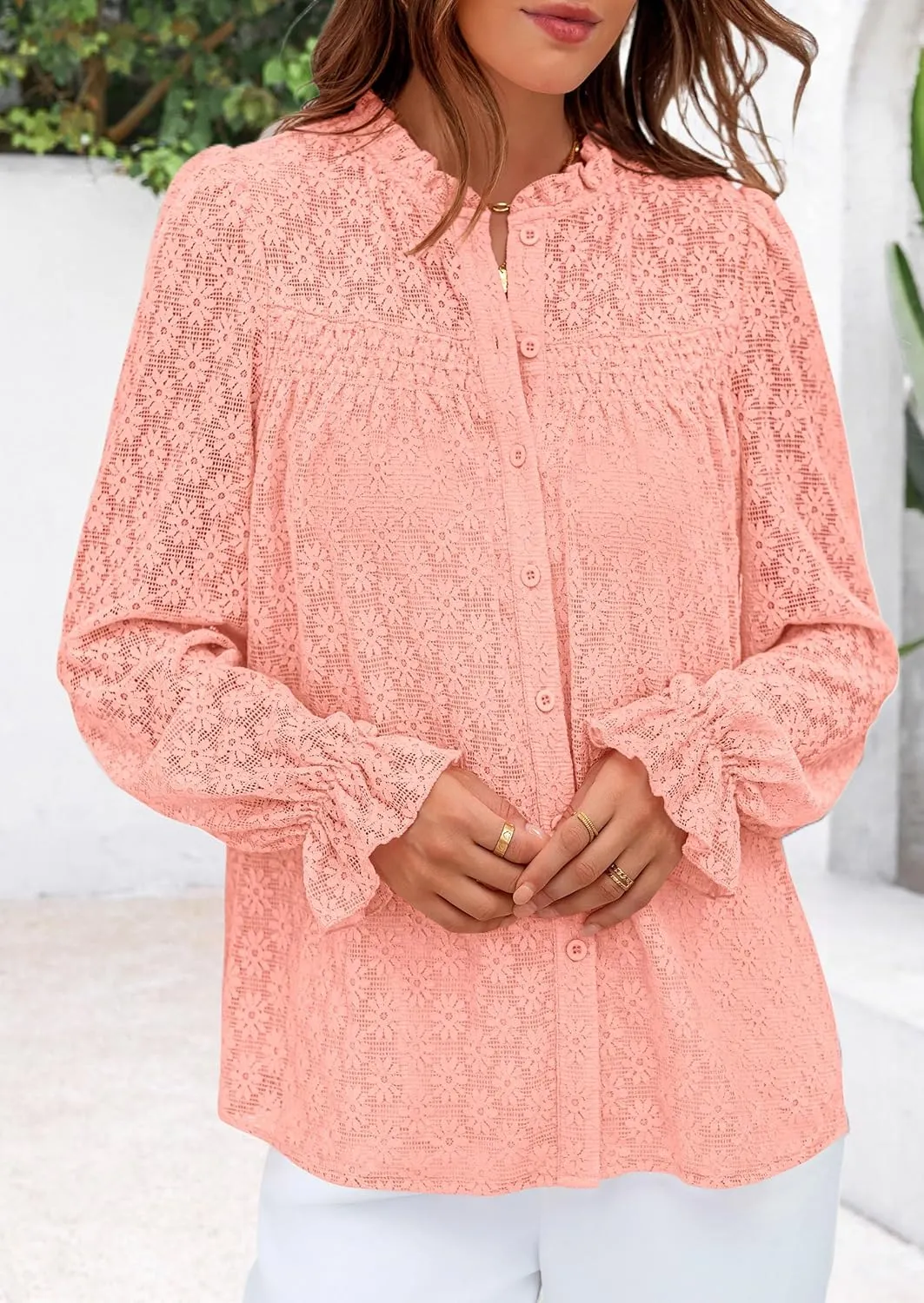 PRETTYGARDEN Lace Long Sleeve Tops for Women Eyelet Blouses Dressy Casual Hollow Out Button Down Shirts Spring Fashion 2025