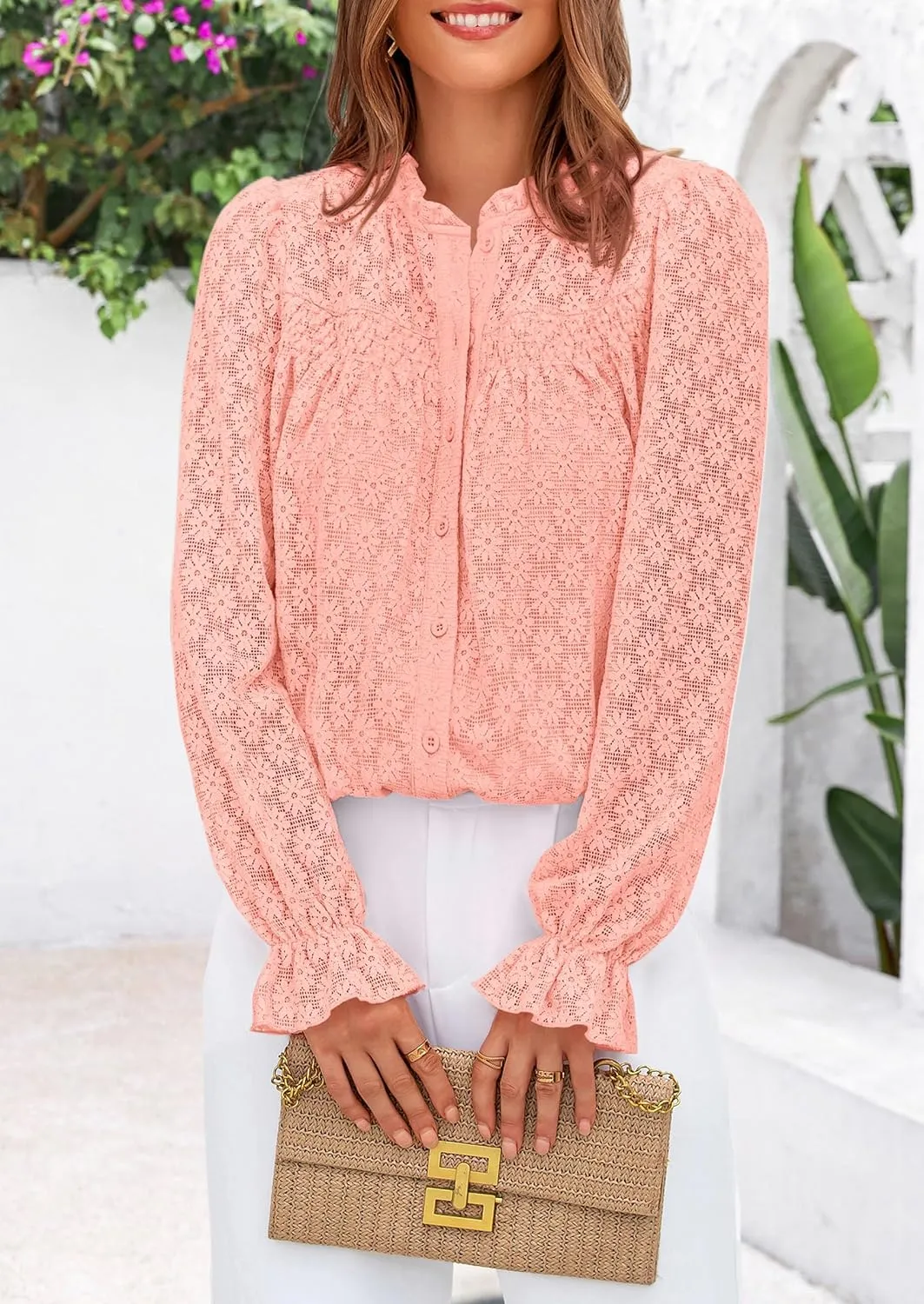 PRETTYGARDEN Lace Long Sleeve Tops for Women Eyelet Blouses Dressy Casual Hollow Out Button Down Shirts Spring Fashion 2025