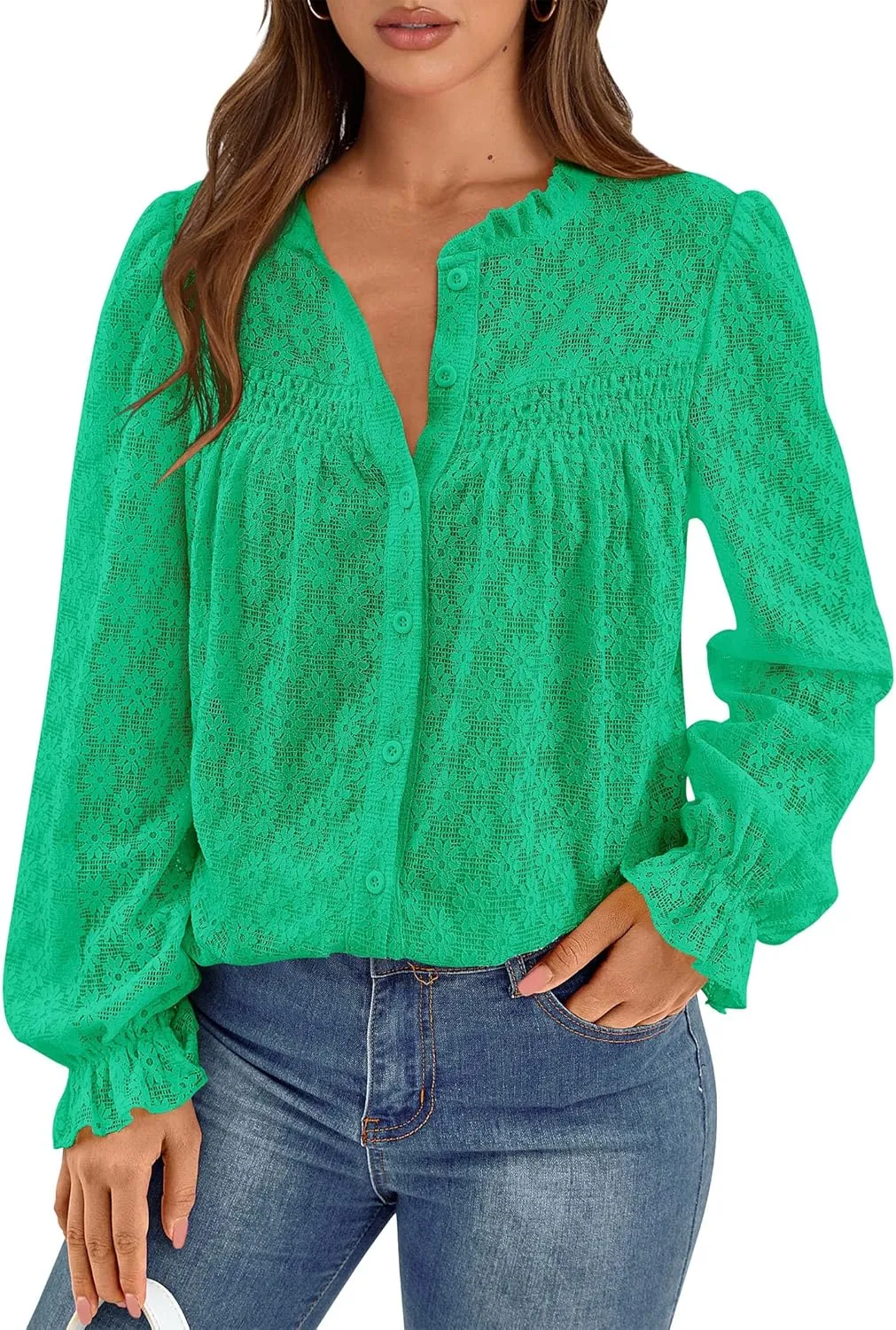 PRETTYGARDEN Lace Long Sleeve Tops for Women Eyelet Blouses Dressy Casual Hollow Out Button Down Shirts Spring Fashion 2025