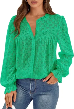 PRETTYGARDEN Lace Long Sleeve Tops for Women Eyelet Blouses Dressy Casual Hollow Out Button Down Shirts Spring Fashion 2025
