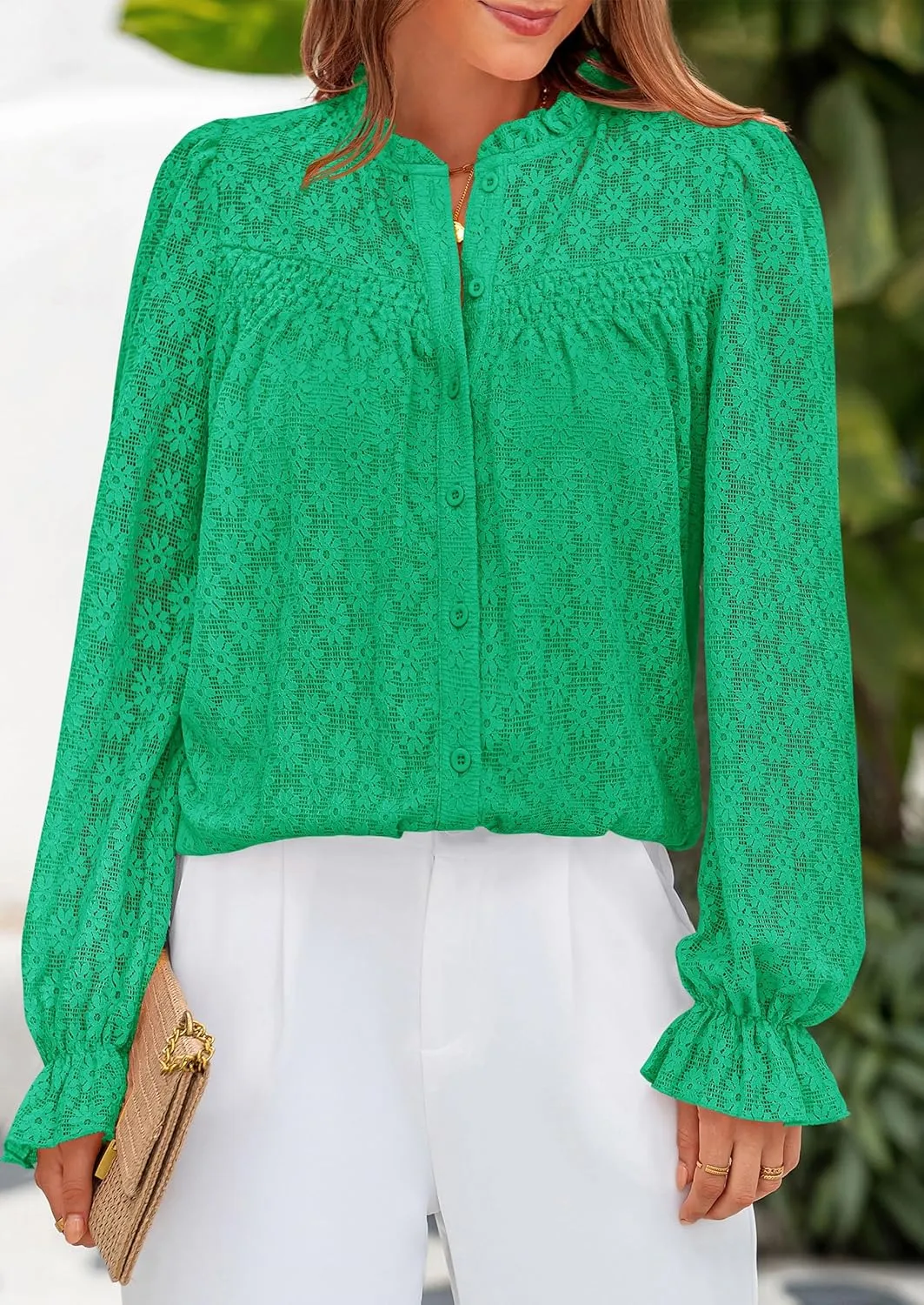 PRETTYGARDEN Lace Long Sleeve Tops for Women Eyelet Blouses Dressy Casual Hollow Out Button Down Shirts Spring Fashion 2025