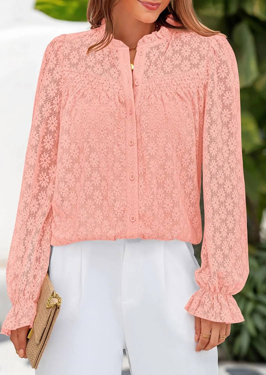 PRETTYGARDEN Lace Long Sleeve Tops for Women Eyelet Blouses Dressy Casual Hollow Out Button Down Shirts Spring Fashion 2025