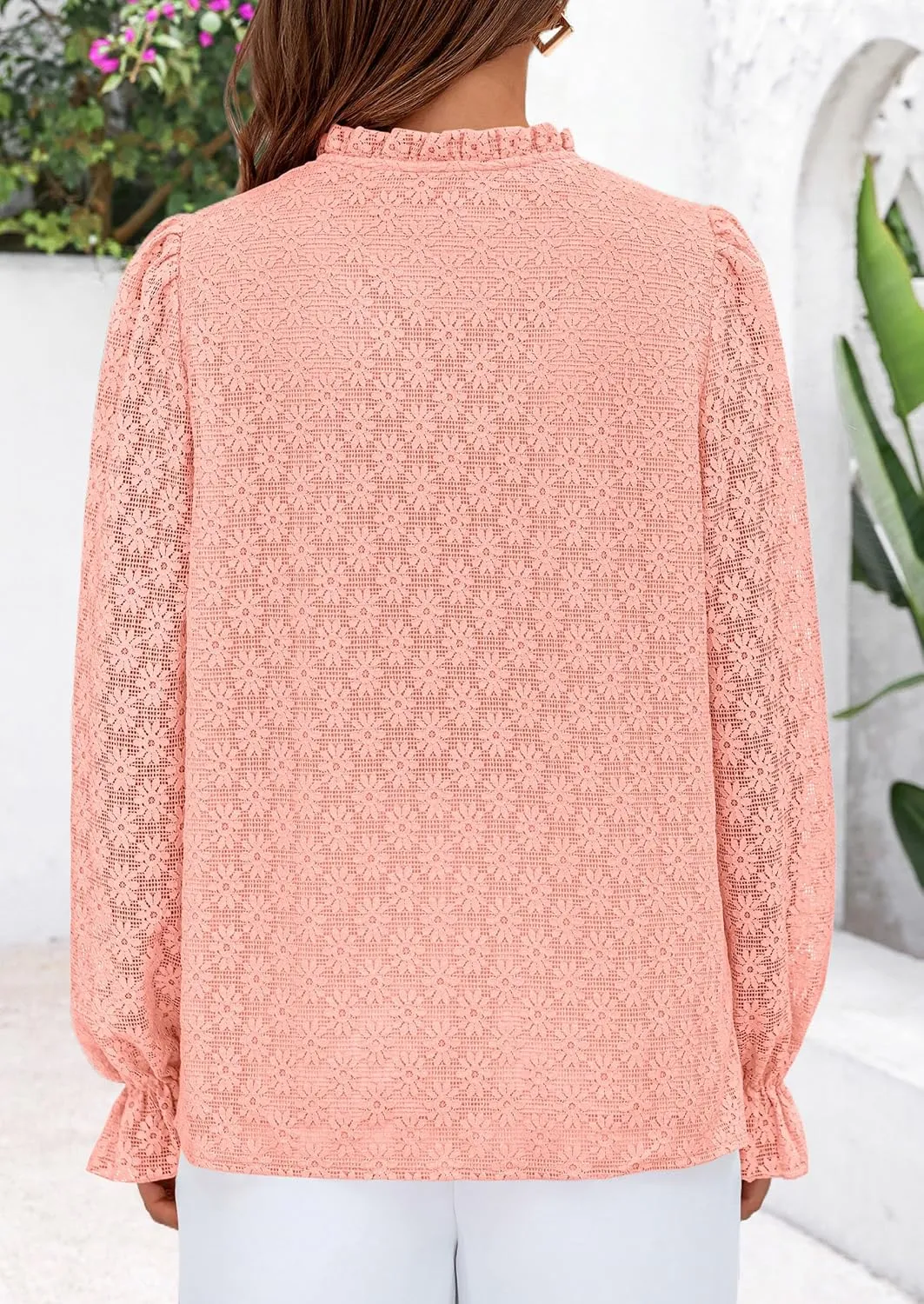 PRETTYGARDEN Lace Long Sleeve Tops for Women Eyelet Blouses Dressy Casual Hollow Out Button Down Shirts Spring Fashion 2025