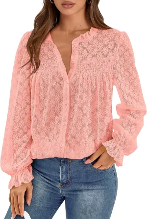 PRETTYGARDEN Lace Long Sleeve Tops for Women Eyelet Blouses Dressy Casual Hollow Out Button Down Shirts Spring Fashion 2025