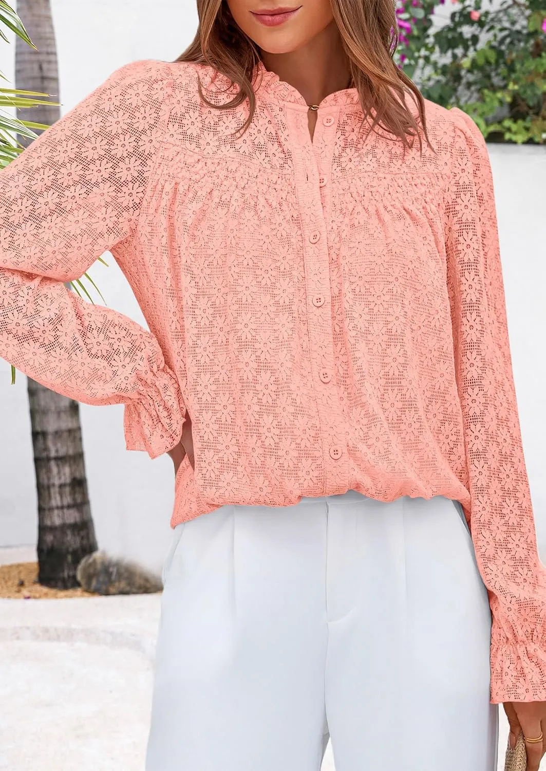 PRETTYGARDEN Lace Long Sleeve Tops for Women Eyelet Blouses Dressy Casual Hollow Out Button Down Shirts Spring Fashion 2025