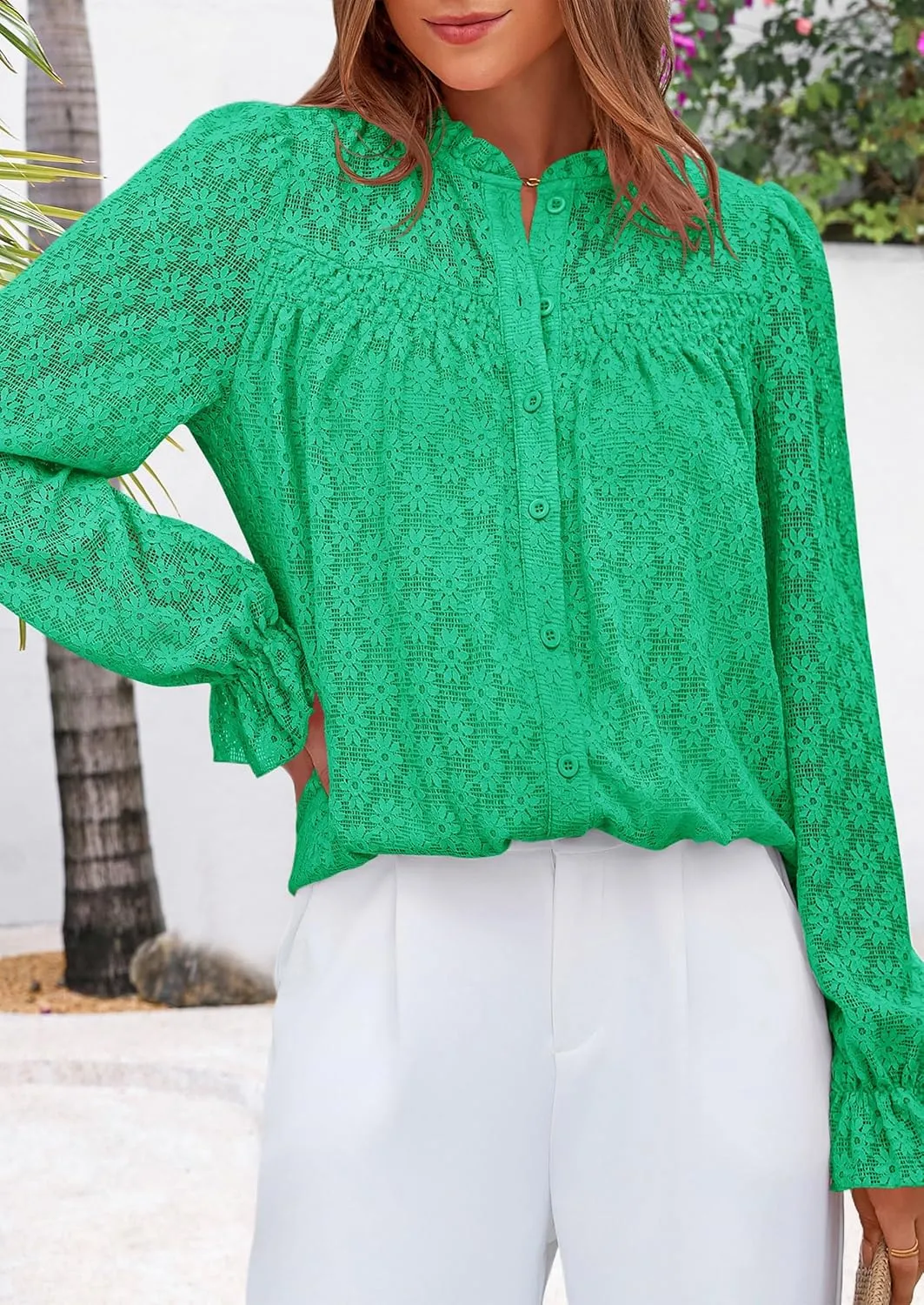 PRETTYGARDEN Lace Long Sleeve Tops for Women Eyelet Blouses Dressy Casual Hollow Out Button Down Shirts Spring Fashion 2025