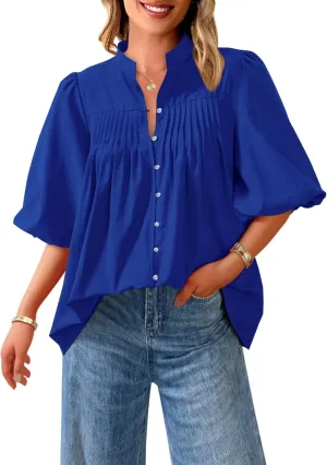 PRETTYGARDEN Women's 2025 Summer Short Lantern Sleeve Tops Loose Fit Button Down Shirt Casual Pleated V Neck Blouses