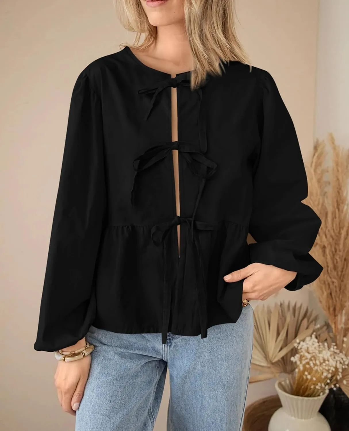 PRETTYGARDEN Women's Spring Fall Babydoll Peplum Blouse Shirt Puff Long Sleeve Bow Tie Front Trendy Cute Y2K Going Out Tops
