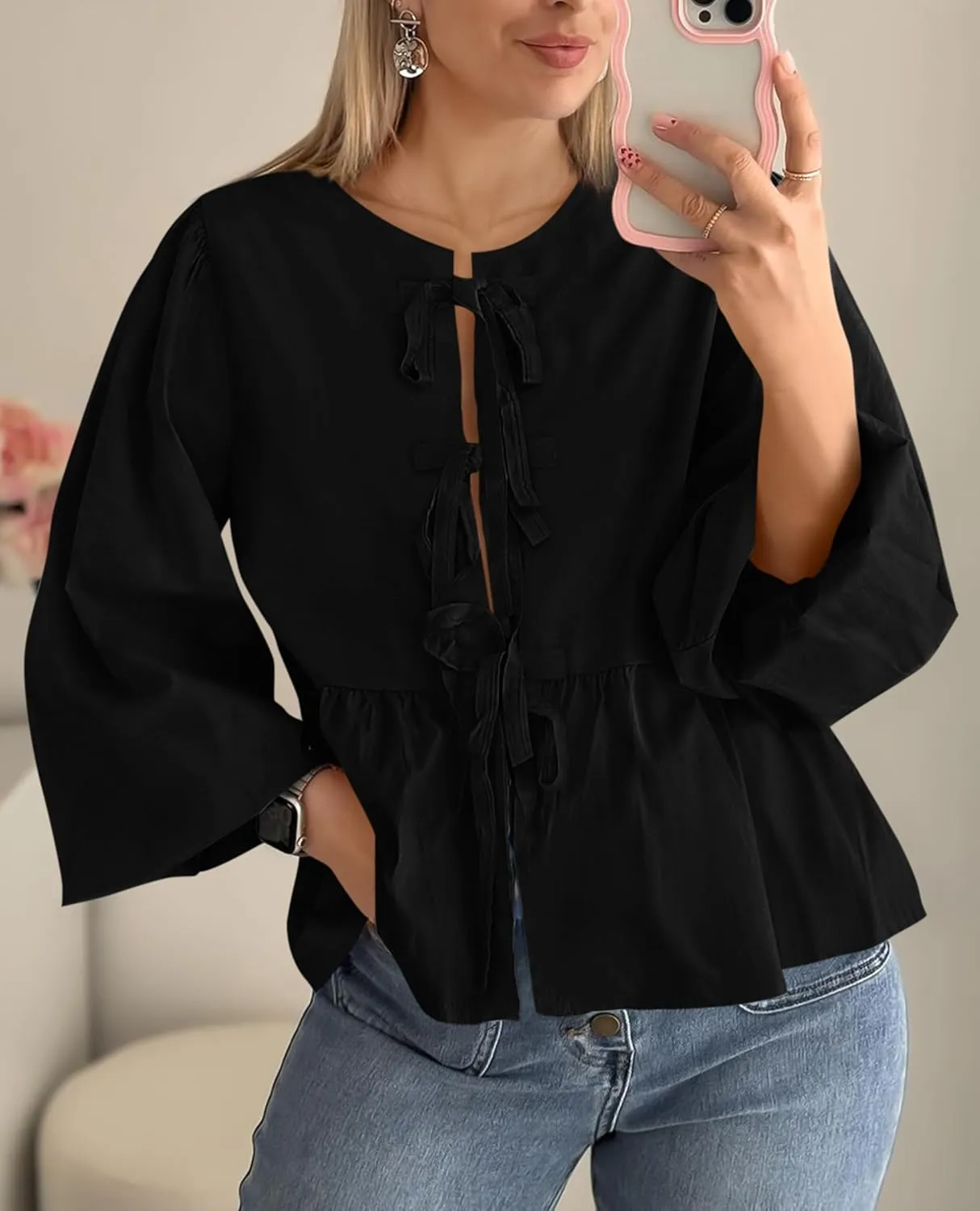 PRETTYGARDEN Women's Spring Fall Babydoll Peplum Blouse Shirt Puff Long Sleeve Bow Tie Front Trendy Cute Y2K Going Out Tops