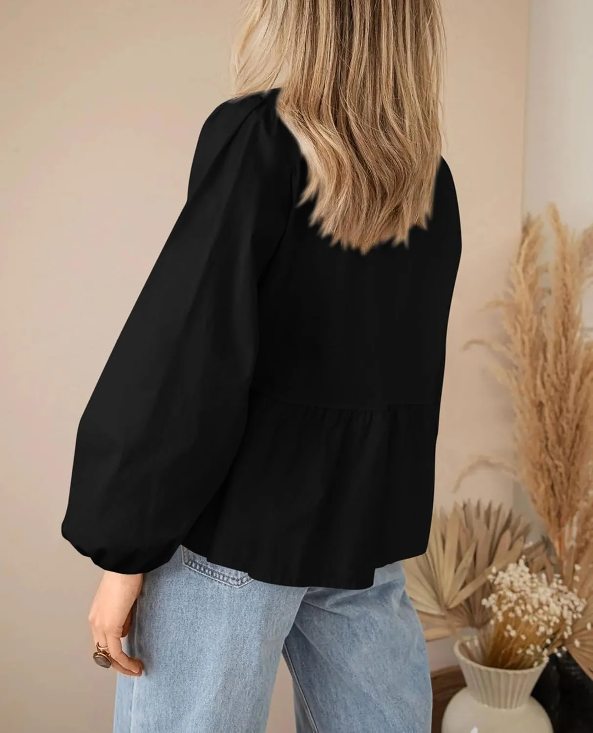 PRETTYGARDEN Women's Spring Fall Babydoll Peplum Blouse Shirt Puff Long Sleeve Bow Tie Front Trendy Cute Y2K Going Out Tops
