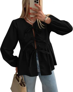 PRETTYGARDEN Women's Spring Fall Babydoll Peplum Blouse Shirt Puff Long Sleeve Bow Tie Front Trendy Cute Y2K Going Out Tops