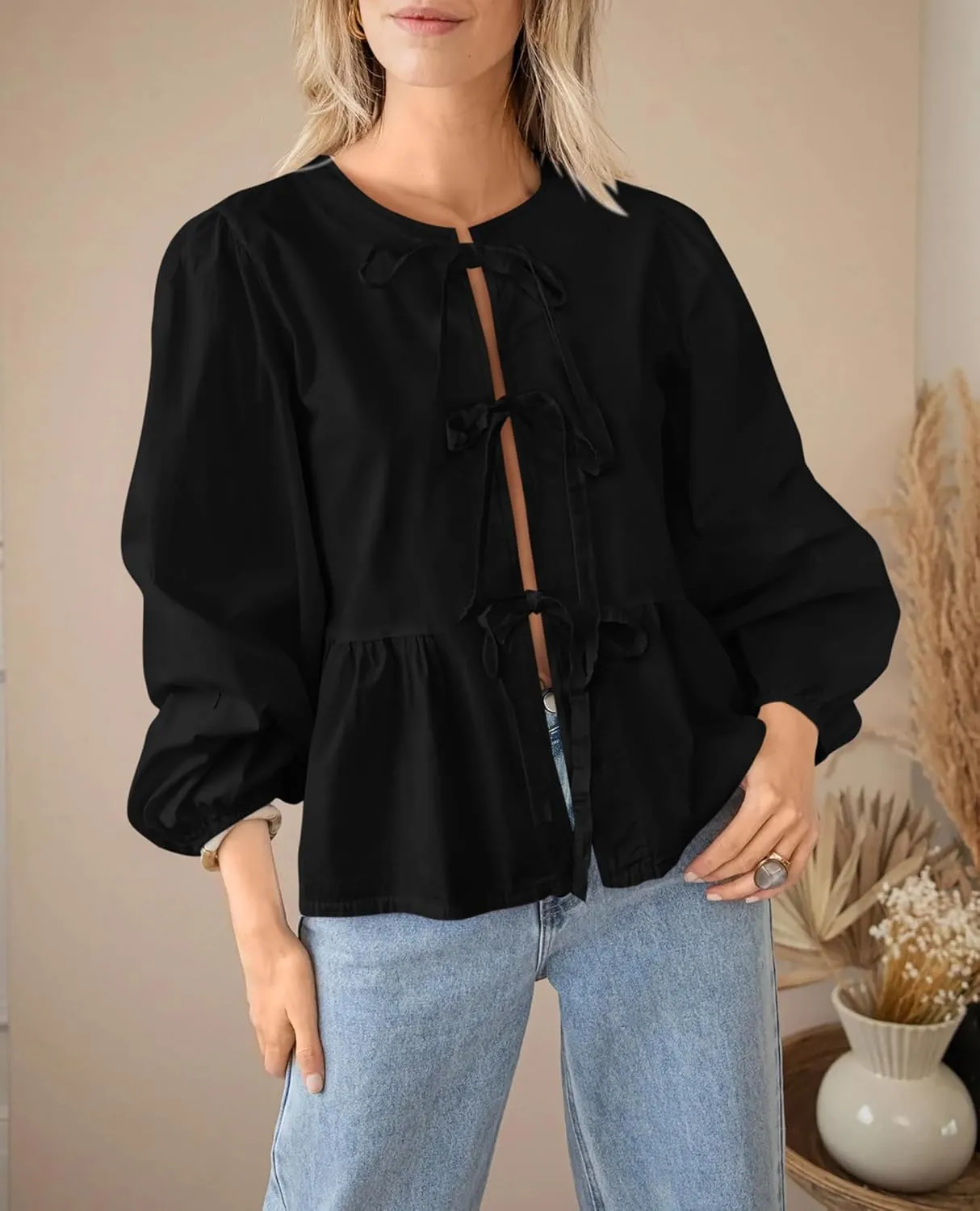 PRETTYGARDEN Women's Spring Fall Babydoll Peplum Blouse Shirt Puff Long Sleeve Bow Tie Front Trendy Cute Y2K Going Out Tops