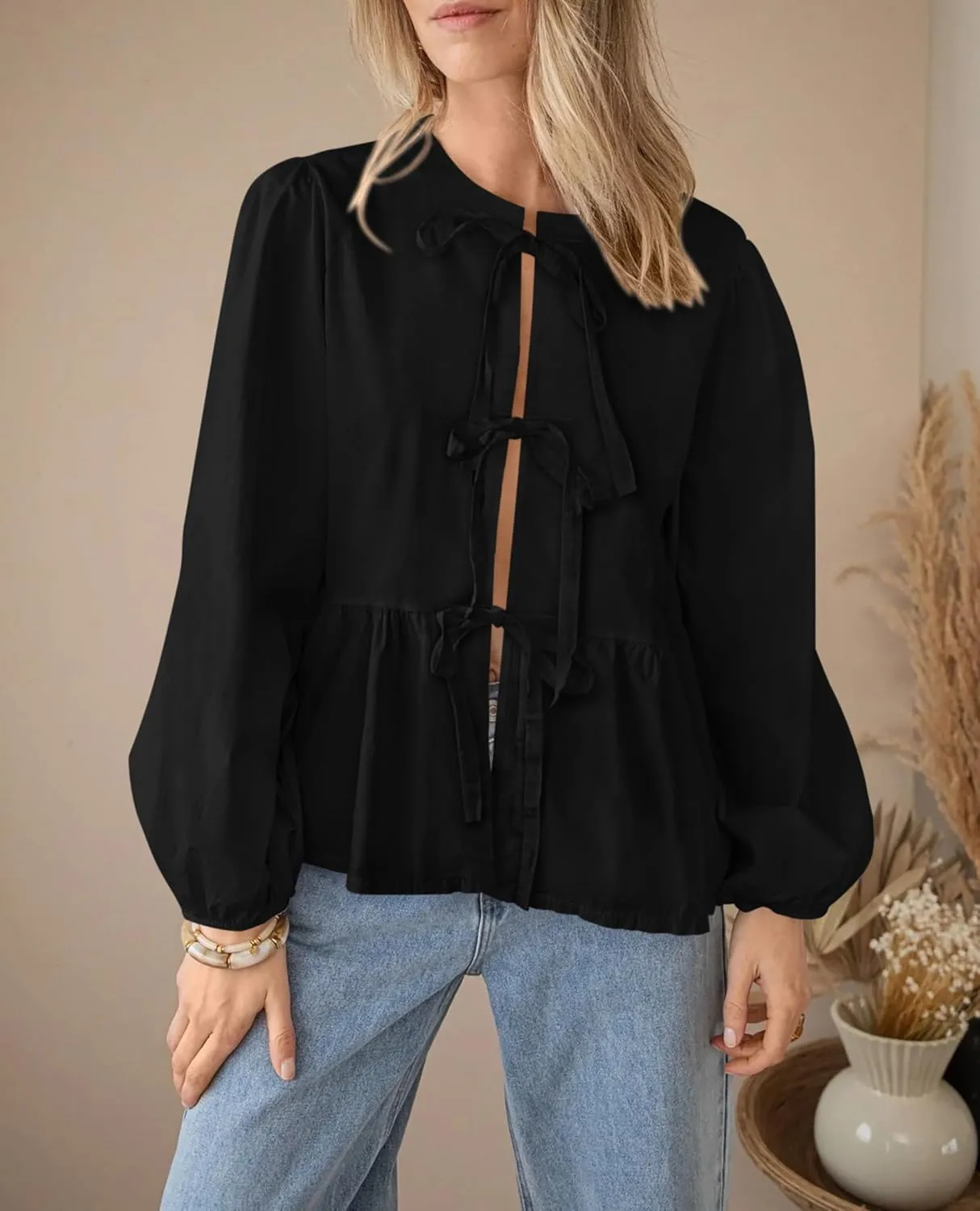 PRETTYGARDEN Women's Spring Fall Babydoll Peplum Blouse Shirt Puff Long Sleeve Bow Tie Front Trendy Cute Y2K Going Out Tops