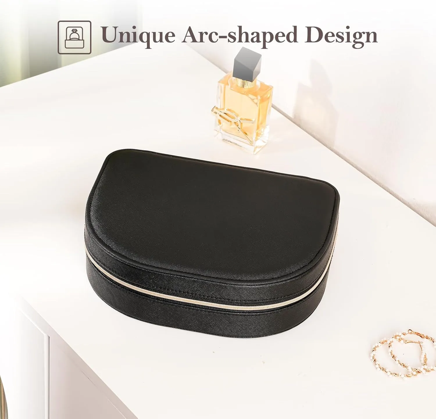 ProCase Travel Size Jewelry Box, Large Portable Seashell-Shaped Jewelry Case, 2 Layer Jewelry Organizer in PU Leather for Women -Black