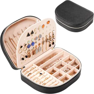 ProCase Travel Size Jewelry Box, Large Portable Seashell-Shaped Jewelry Case, 2 Layer Jewelry Organizer in PU Leather for Women -Black