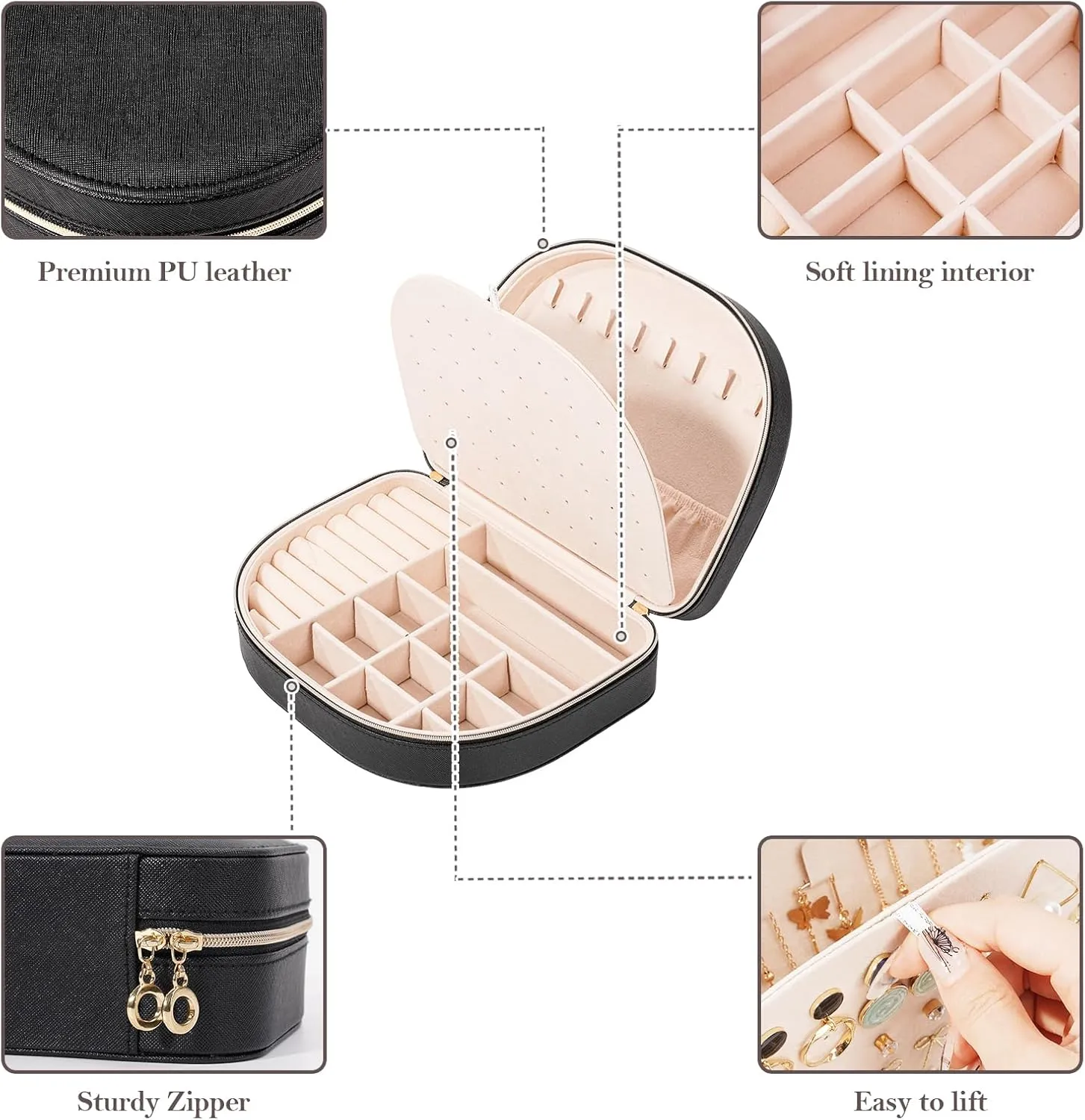 ProCase Travel Size Jewelry Box, Large Portable Seashell-Shaped Jewelry Case, 2 Layer Jewelry Organizer in PU Leather for Women -Black