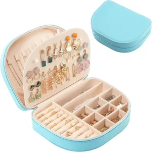 ProCase Travel Size Jewelry Box, Large Portable Seashell-Shaped Jewelry Case, 2 Layer Jewelry Organizer in PU Leather for Women -Blue