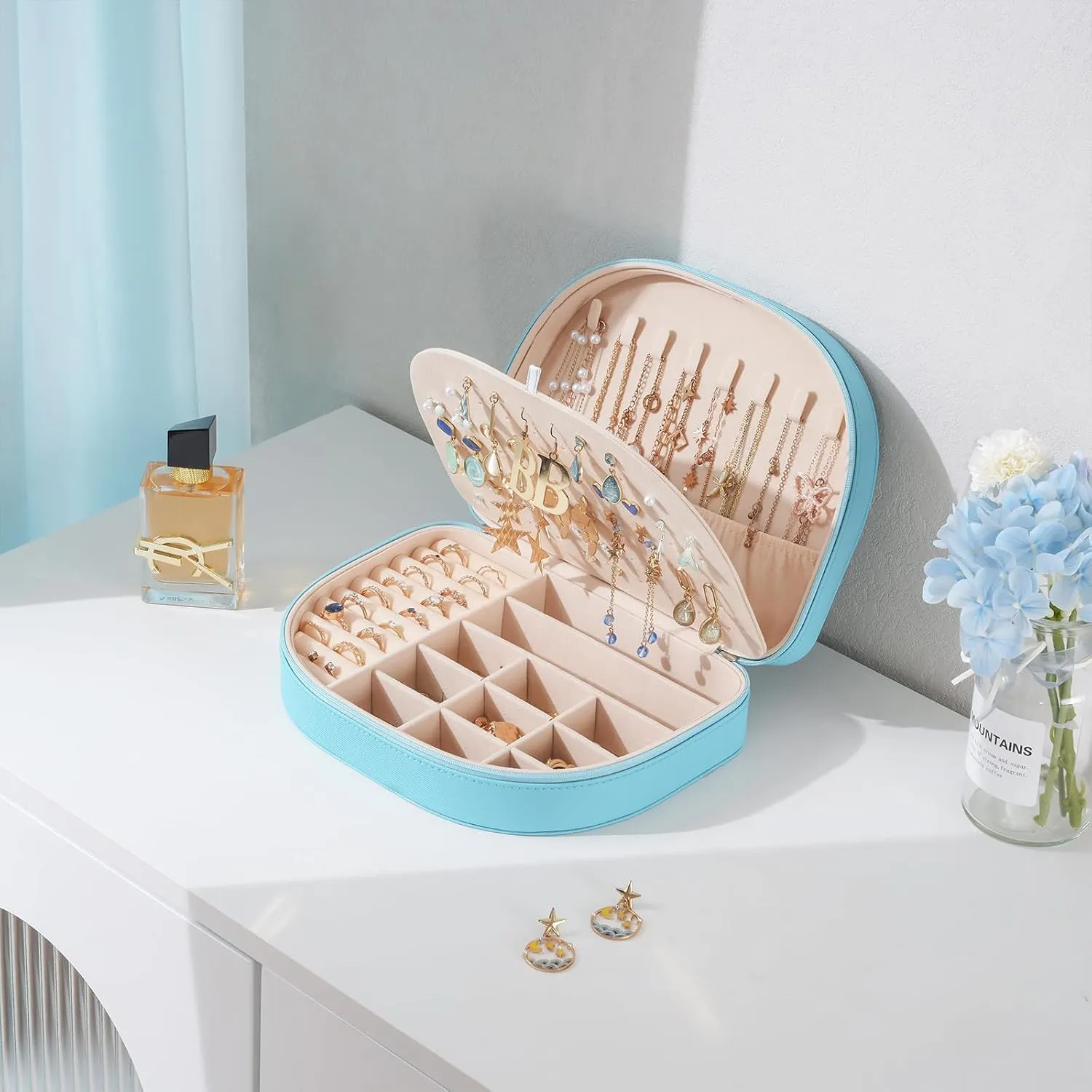 ProCase Travel Size Jewelry Box, Large Portable Seashell-Shaped Jewelry Case, 2 Layer Jewelry Organizer in PU Leather for Women -Blue