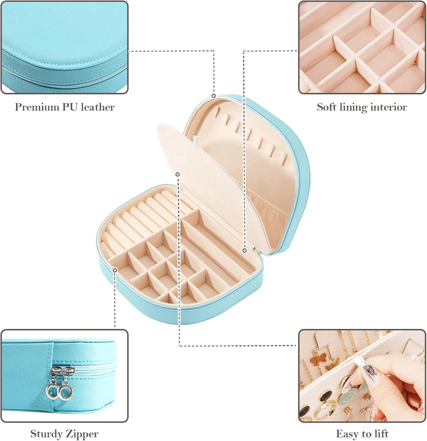 ProCase Travel Size Jewelry Box, Large Portable Seashell-Shaped Jewelry Case, 2 Layer Jewelry Organizer in PU Leather for Women -Blue