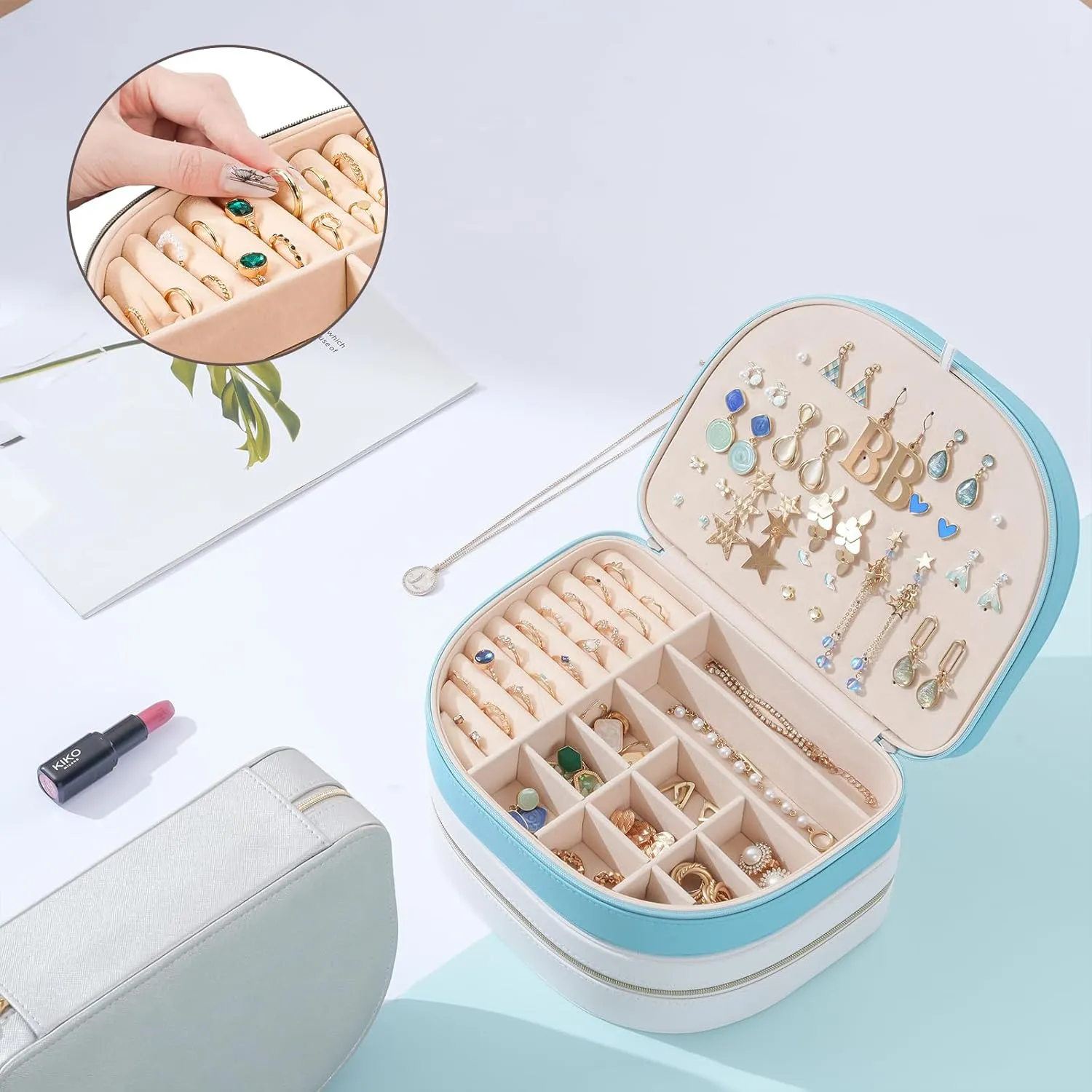 ProCase Travel Size Jewelry Box, Large Portable Seashell-Shaped Jewelry Case, 2 Layer Jewelry Organizer in PU Leather for Women -Blue