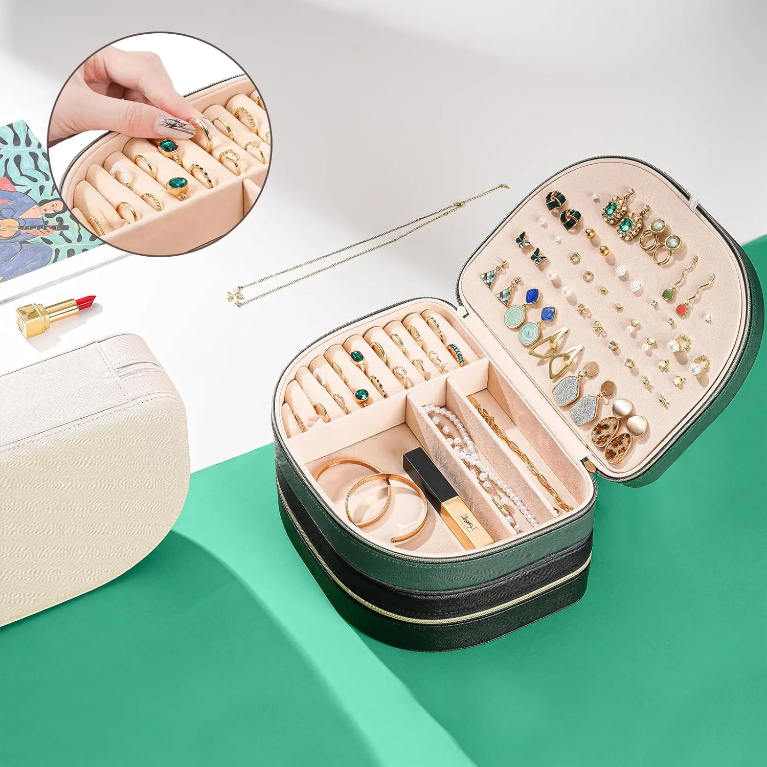 ProCase Travel Size Jewelry Box, Large Portable Seashell-Shaped Jewelry Case, 2 Layer Jewelry Organizer in PU Leather for Women -Emerald