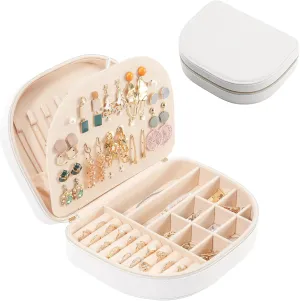 ProCase Travel Size Jewelry Box, Large Portable Seashell-Shaped Jewelry Case, 2 Layer Jewelry Organizer in PU Leather for Women -White