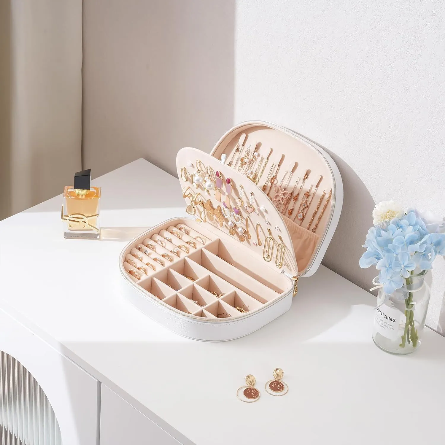 ProCase Travel Size Jewelry Box, Large Portable Seashell-Shaped Jewelry Case, 2 Layer Jewelry Organizer in PU Leather for Women -White